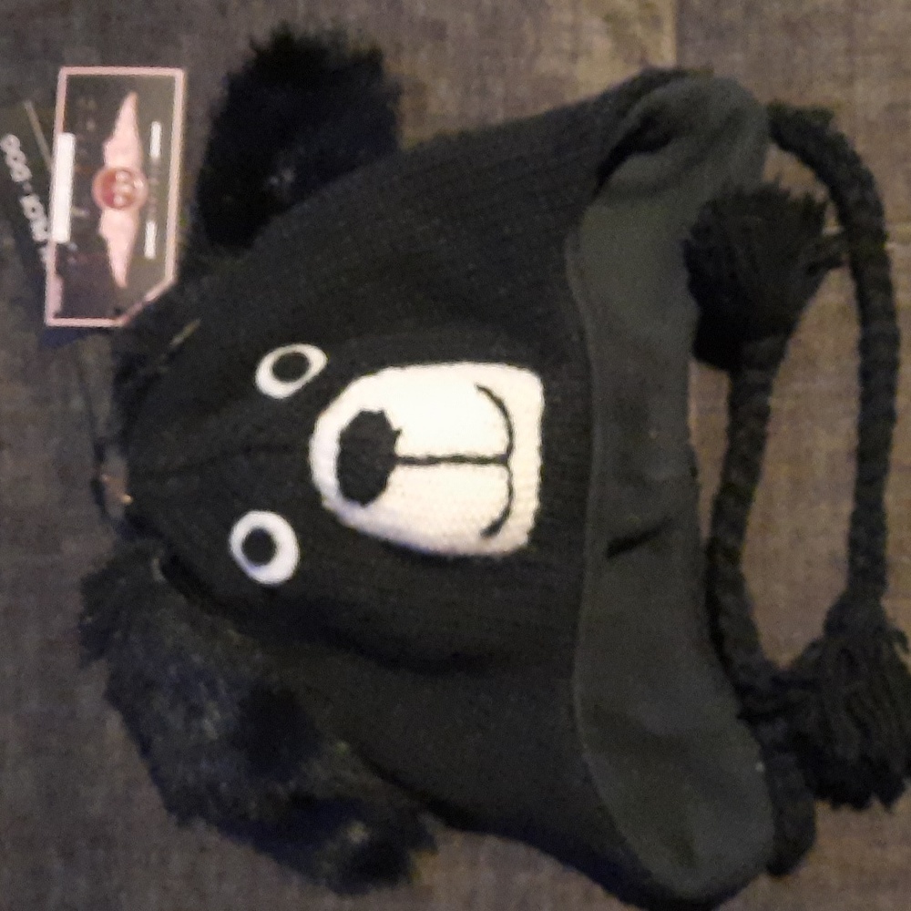 Black Dog Wool Knit Hat Ear Flap Braided Ties Youth Teen Tween NWT Cute Puppy